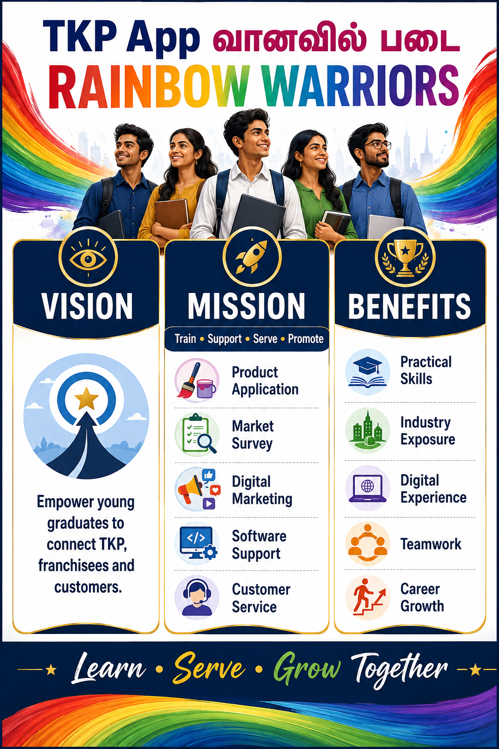 TKP App வானவில் படை Rainbow Warriors vision, mission and benefits infographic